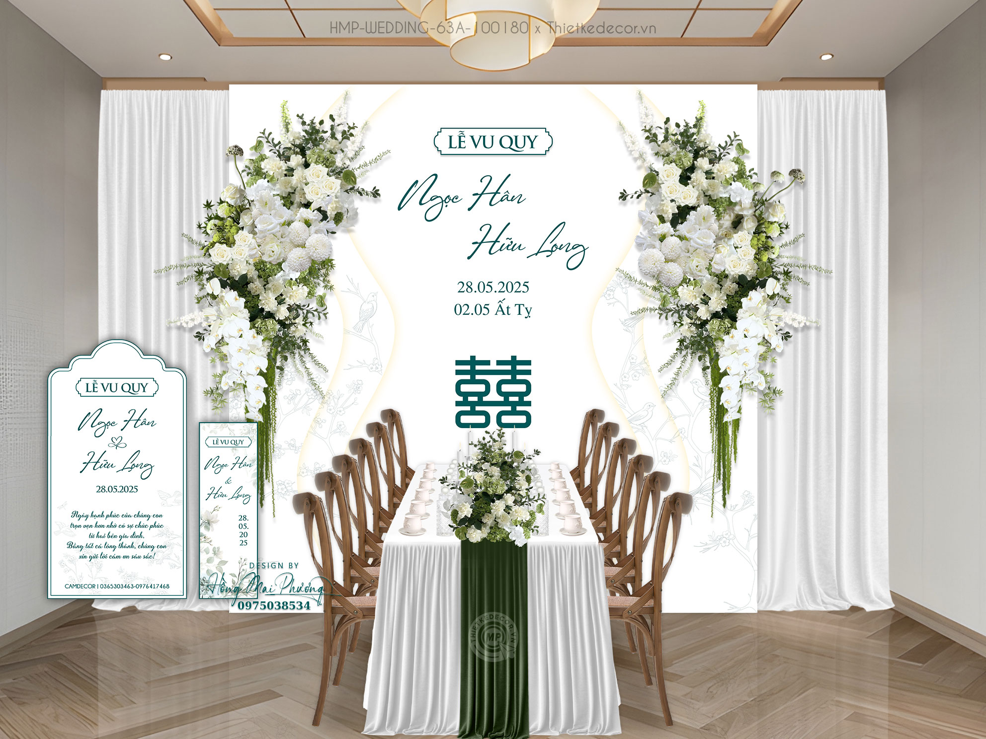 Gia tiên tone trắng và xanh lá kèm tem nước và tag bàn